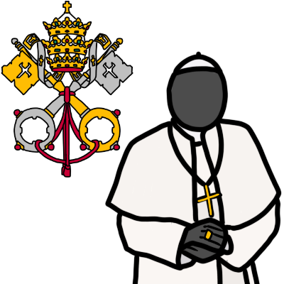 the Holy See's coat of arms (two crossed keys, tied together, with the Papal tiara above them). To the right, a generic dark grey figure, dressed in simple Papal vestments: a white zucchetto skullcap, mozzetta, collar, cassock and sash cincture, along with a gold pectoral cross and ring.